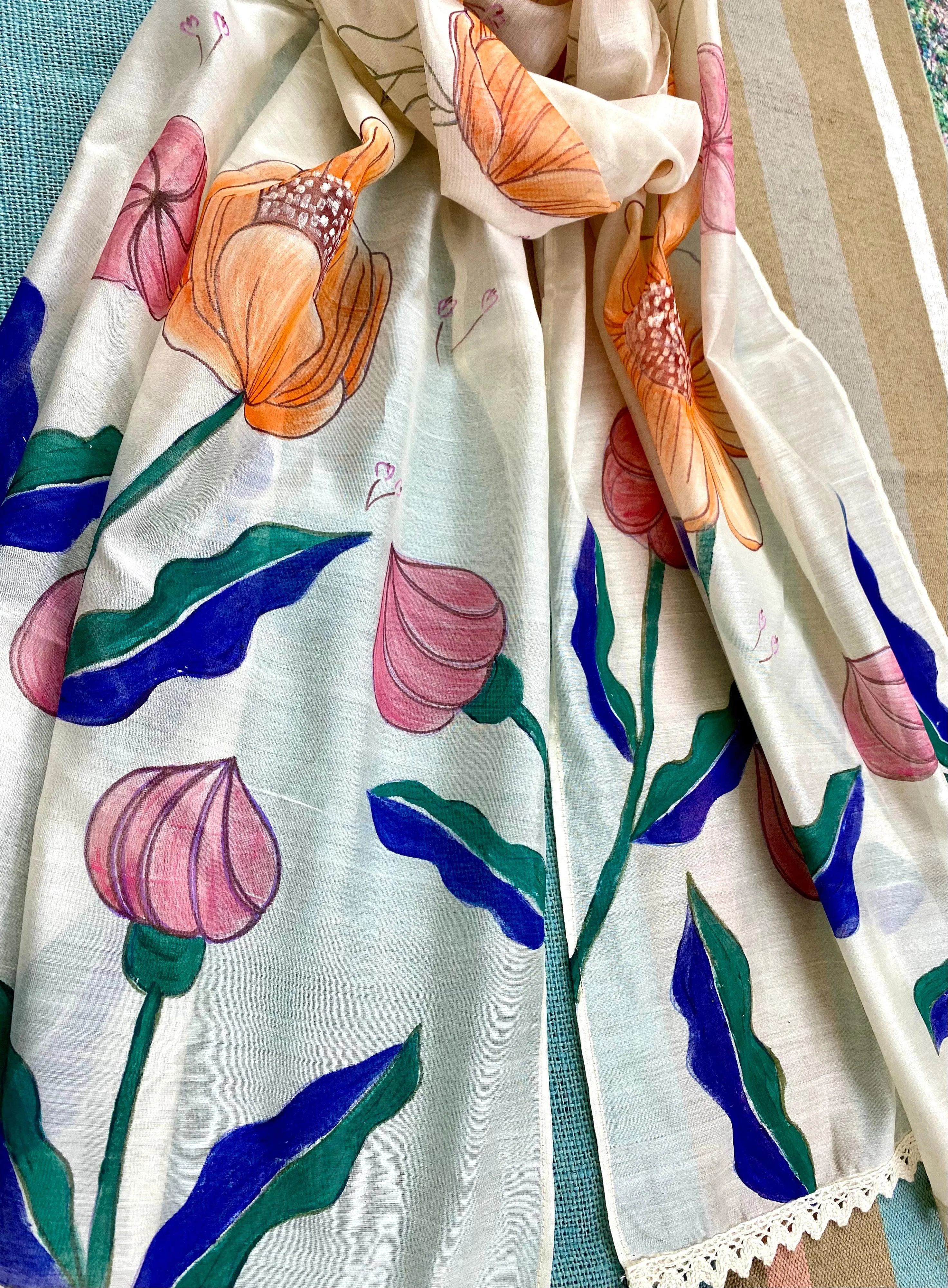 Peachy Pink Hand Painted Silk Cotton Scarf