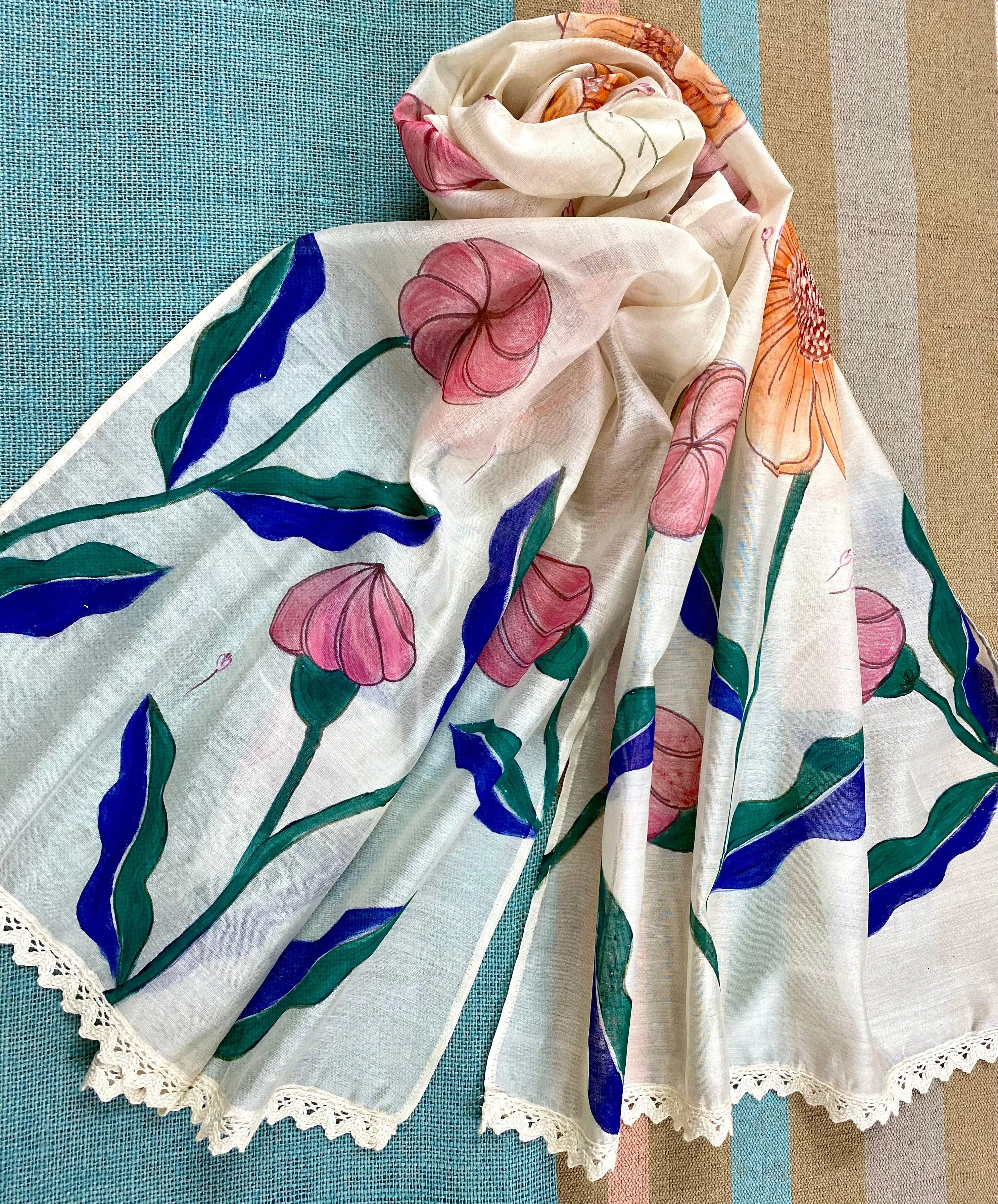 Peachy Pink Hand Painted Silk Cotton Scarf