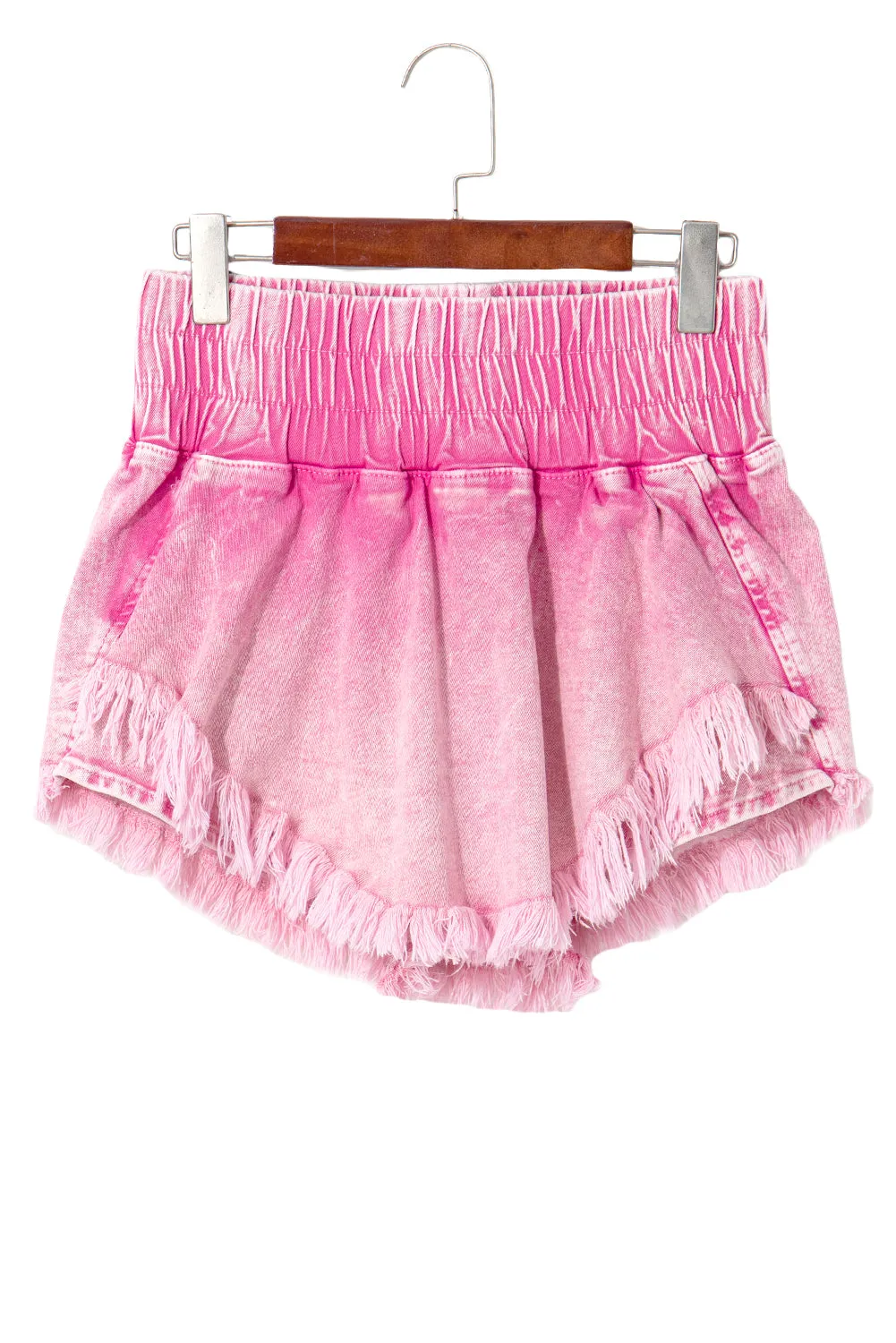 Pink Washed Wide Smocked Waistband Frayed Denim Shorts