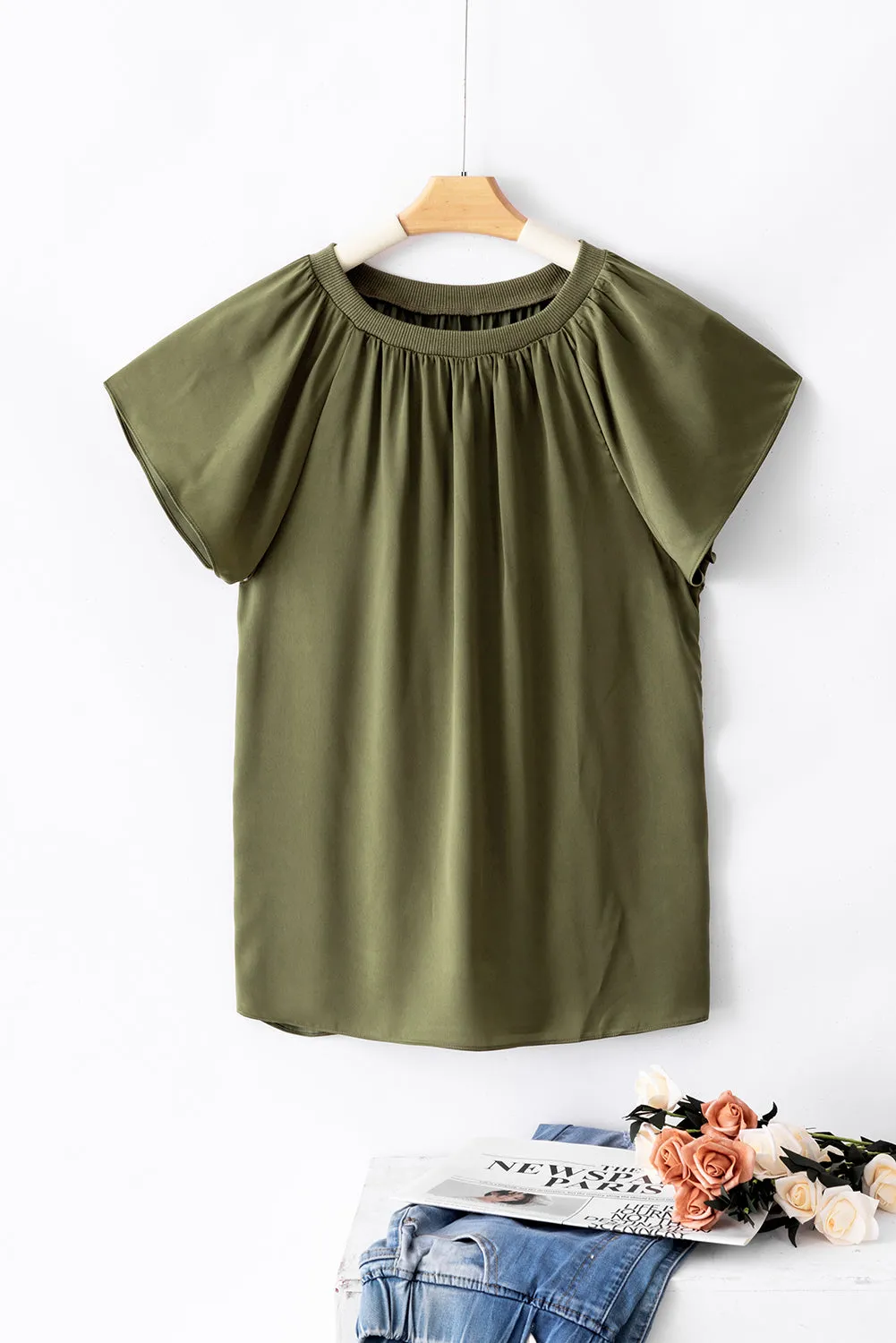 Pleated Flutter Sleeve Satin Top