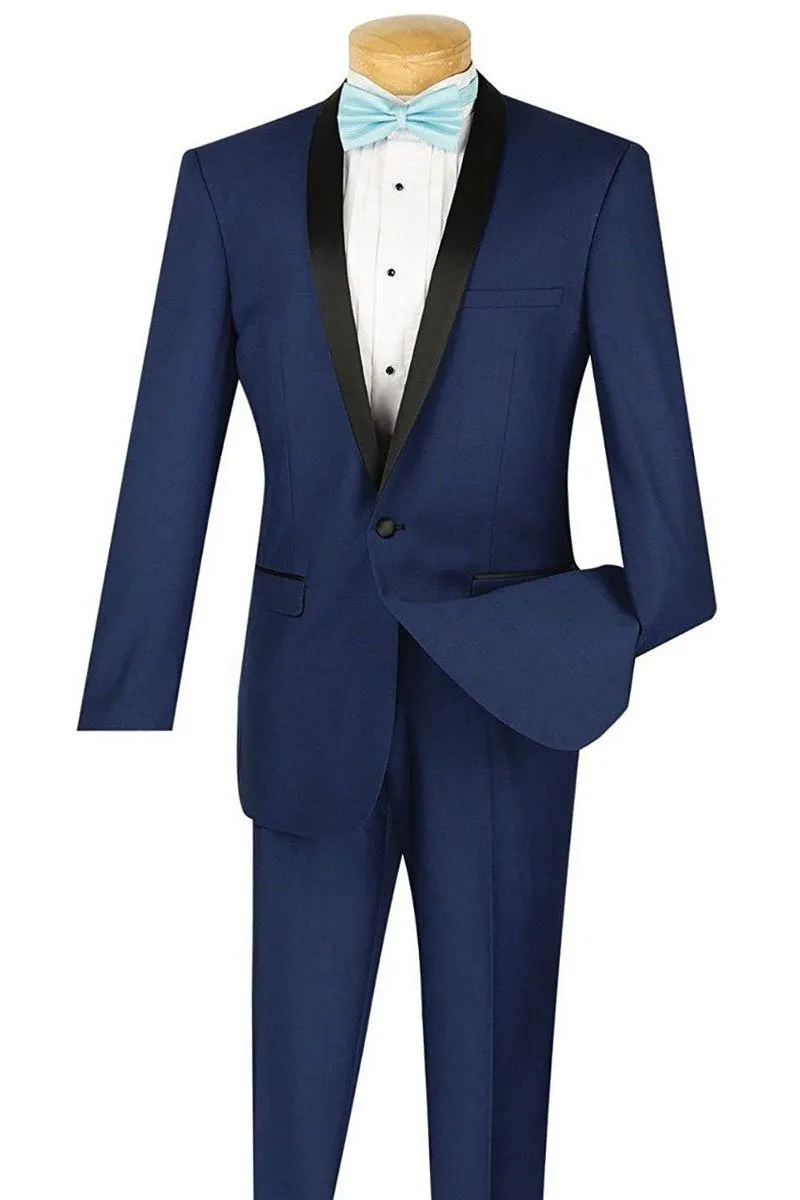 "Sleek" Blue 1-Button Shawl Tuxedo (2-Piece Set)