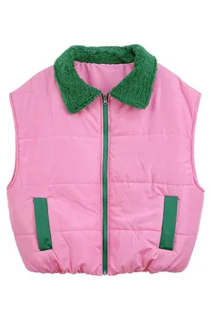 She Pink & Green Puffer Vest