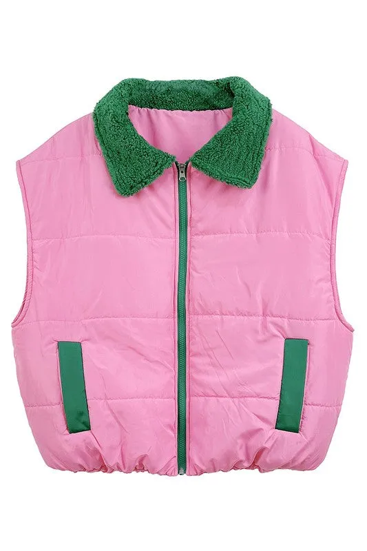 She Pink & Green Puffer Vest
