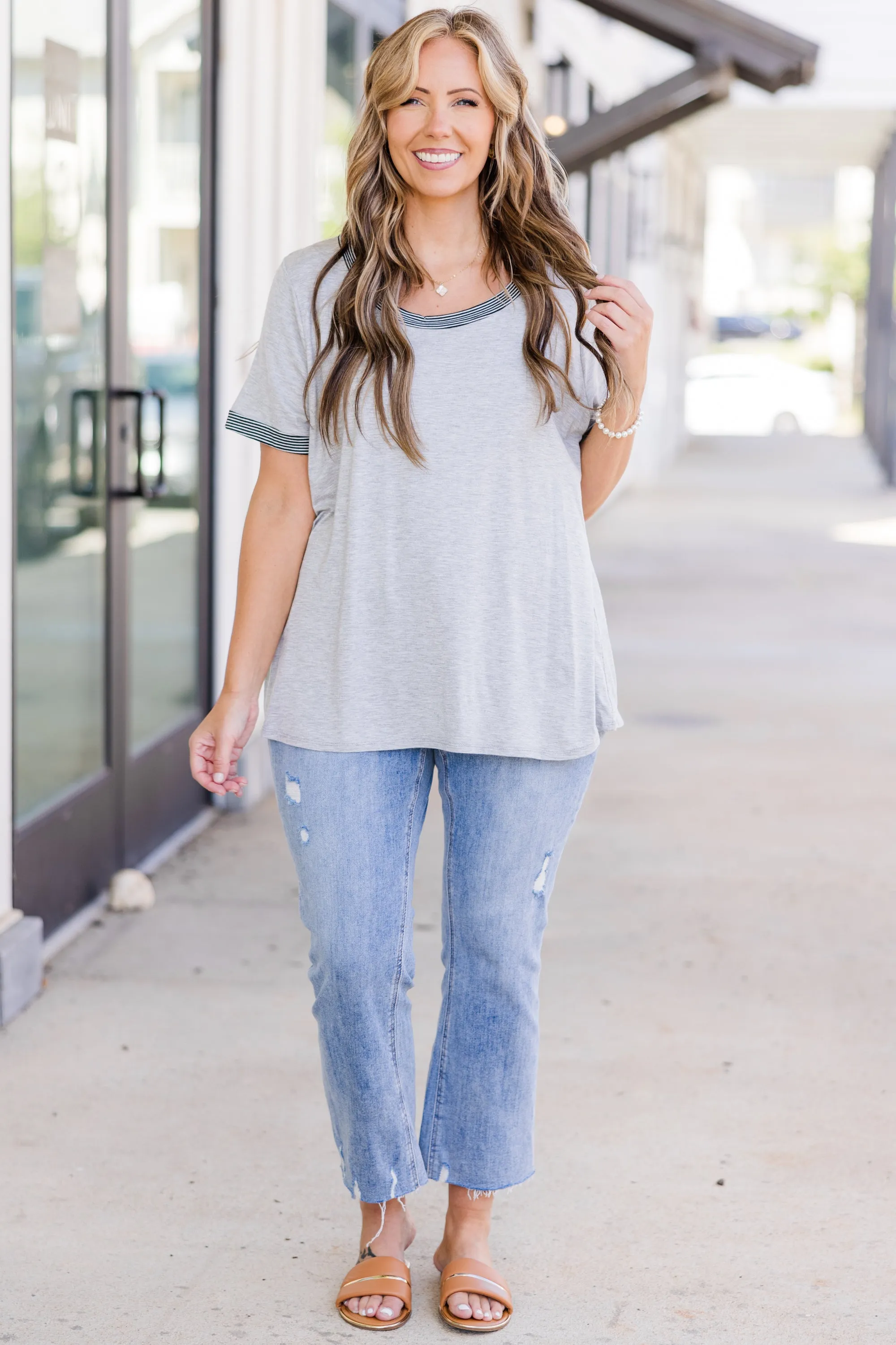 Shoreline Chic Stripe Top, Heather Grey