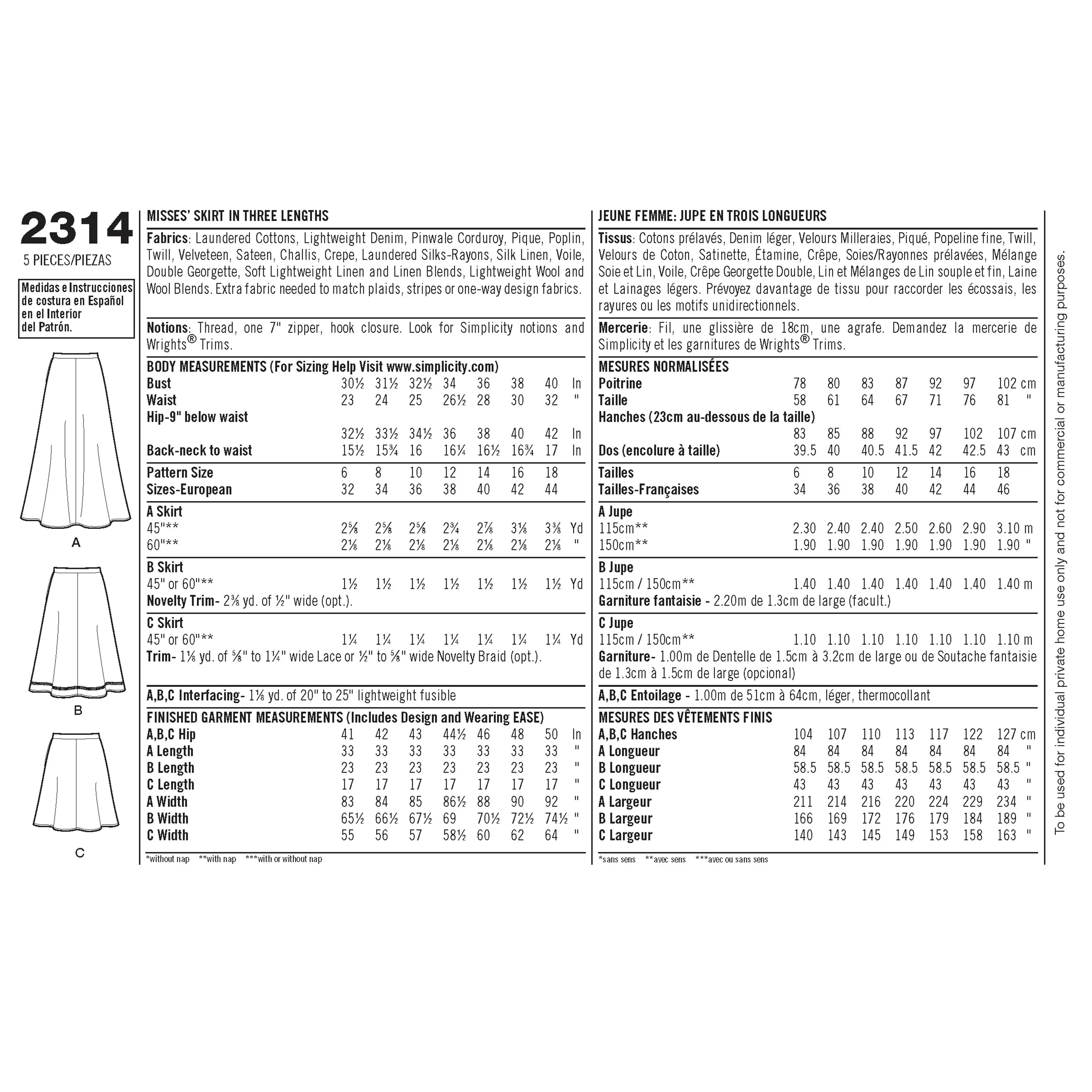 Simplicity Pattern 2314 Women's Skirts