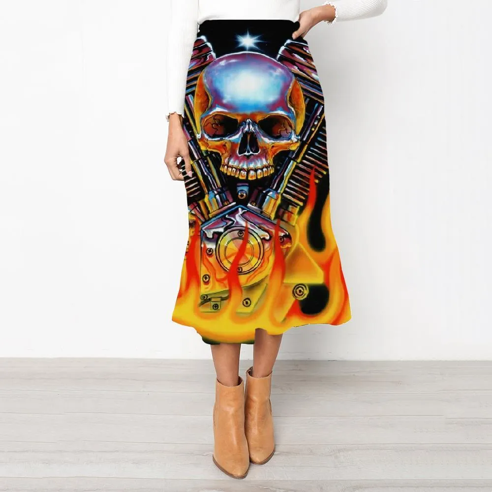 Skull Skirts Women Punk Rock Frauen Flame High waist skirts Motorcycle School skirt