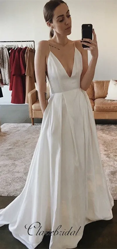 Spaghetti V-neck Simple Chic Design Satin Wedding Dresses