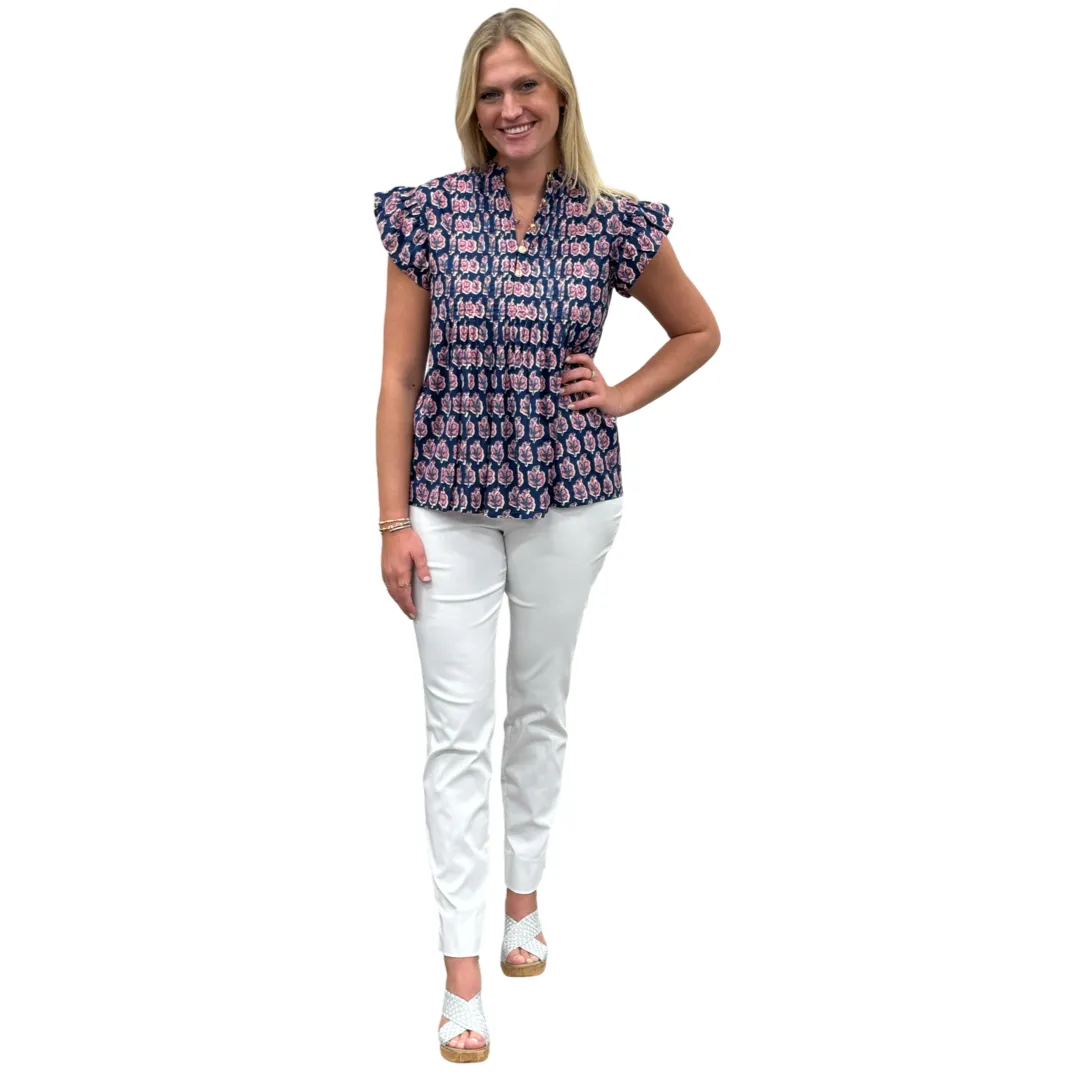 The Ava Pin Tuck Flutter Sleeve Top in Navy and Pink Floral