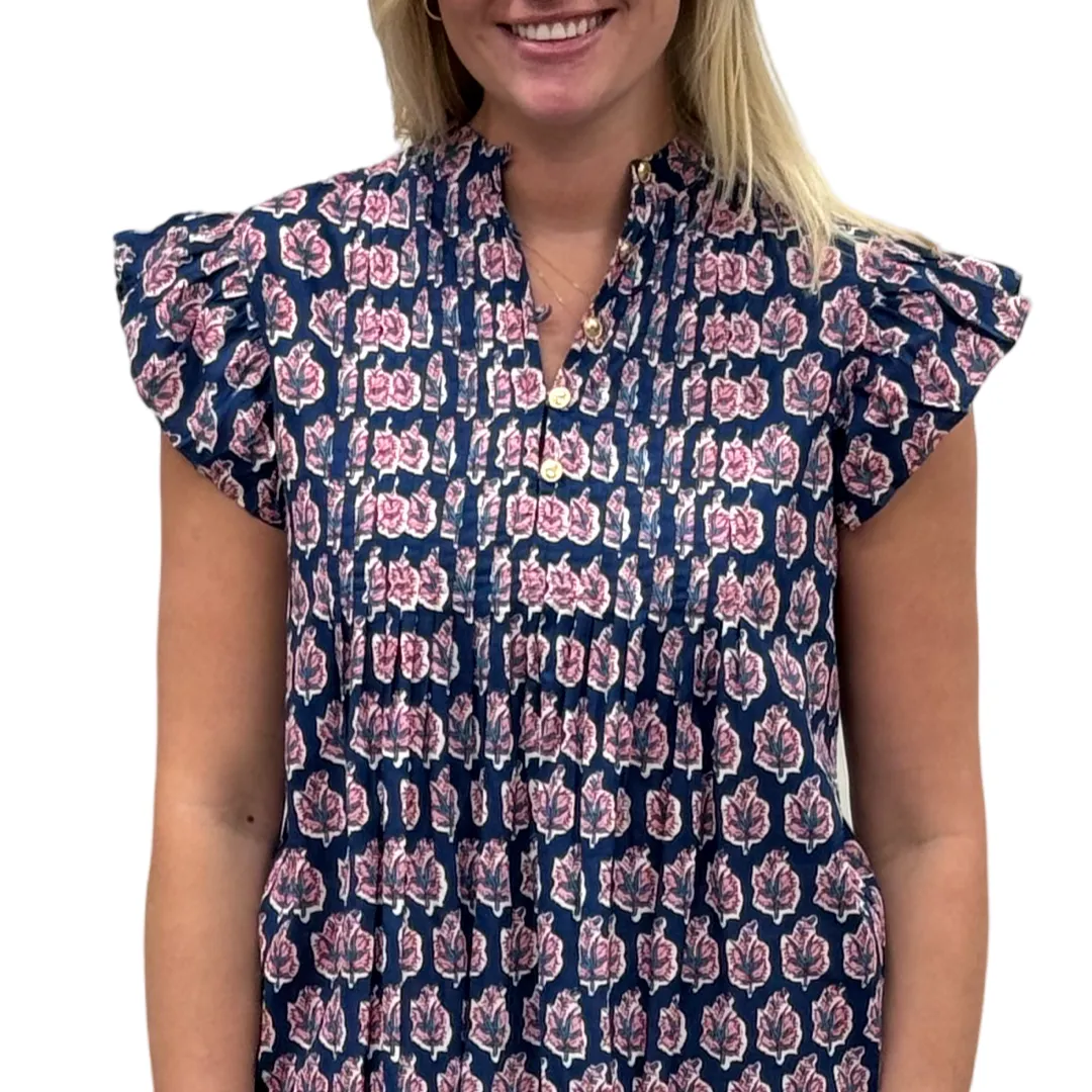 The Ava Pin Tuck Flutter Sleeve Top in Navy and Pink Floral