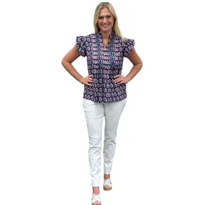 The Ava Pin Tuck Flutter Sleeve Top in Navy and Pink Floral