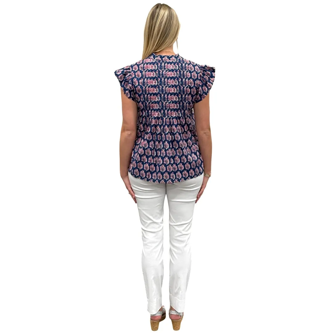 The Ava Pin Tuck Flutter Sleeve Top in Navy and Pink Floral