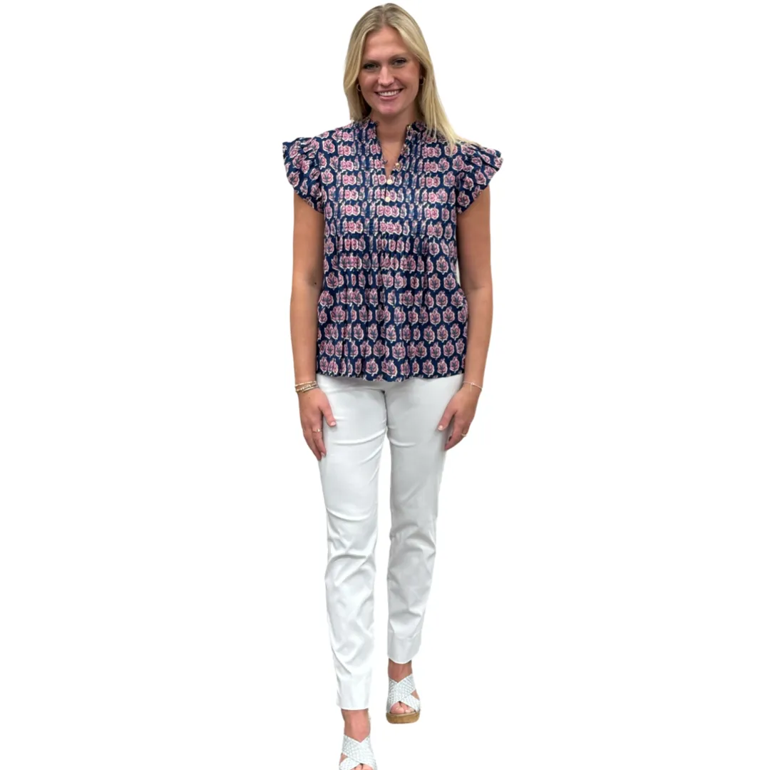 The Ava Pin Tuck Flutter Sleeve Top in Navy and Pink Floral