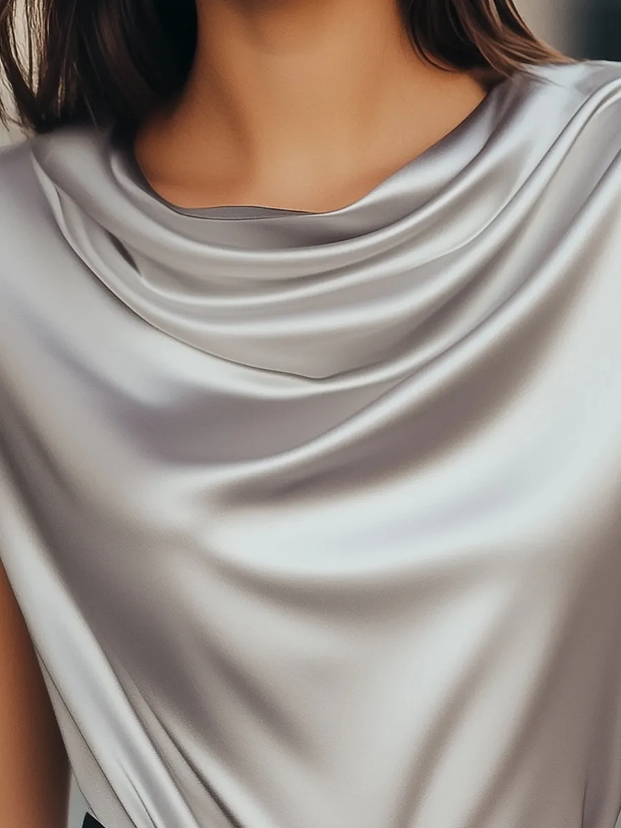 Timeless Silver Gray Satin Cowl Neck Top