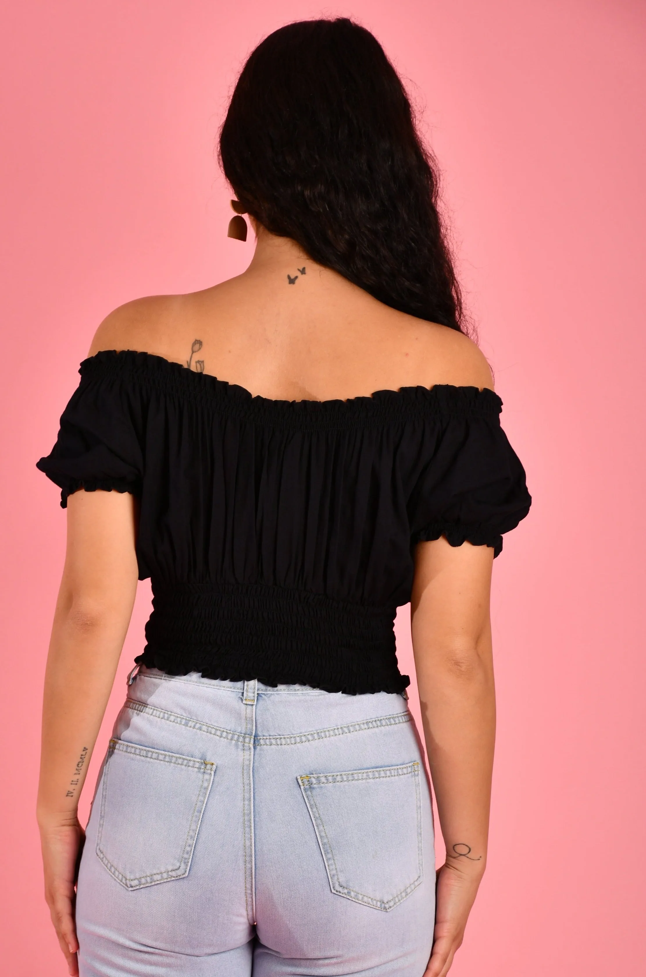 VGLT106 - PEASANT TOP WITH ROUCHED HEM - BLACK