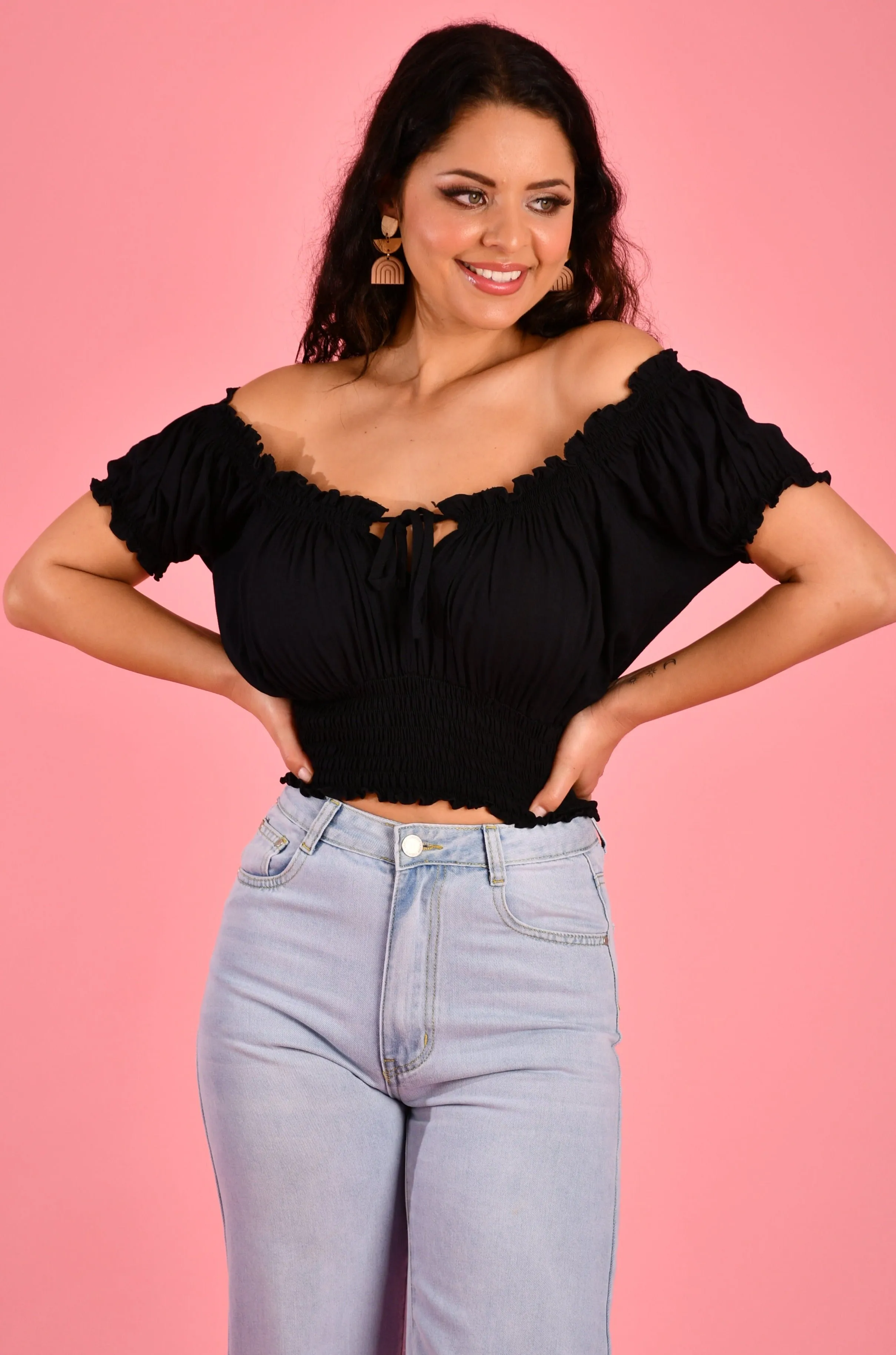 VGLT106 - PEASANT TOP WITH ROUCHED HEM - BLACK