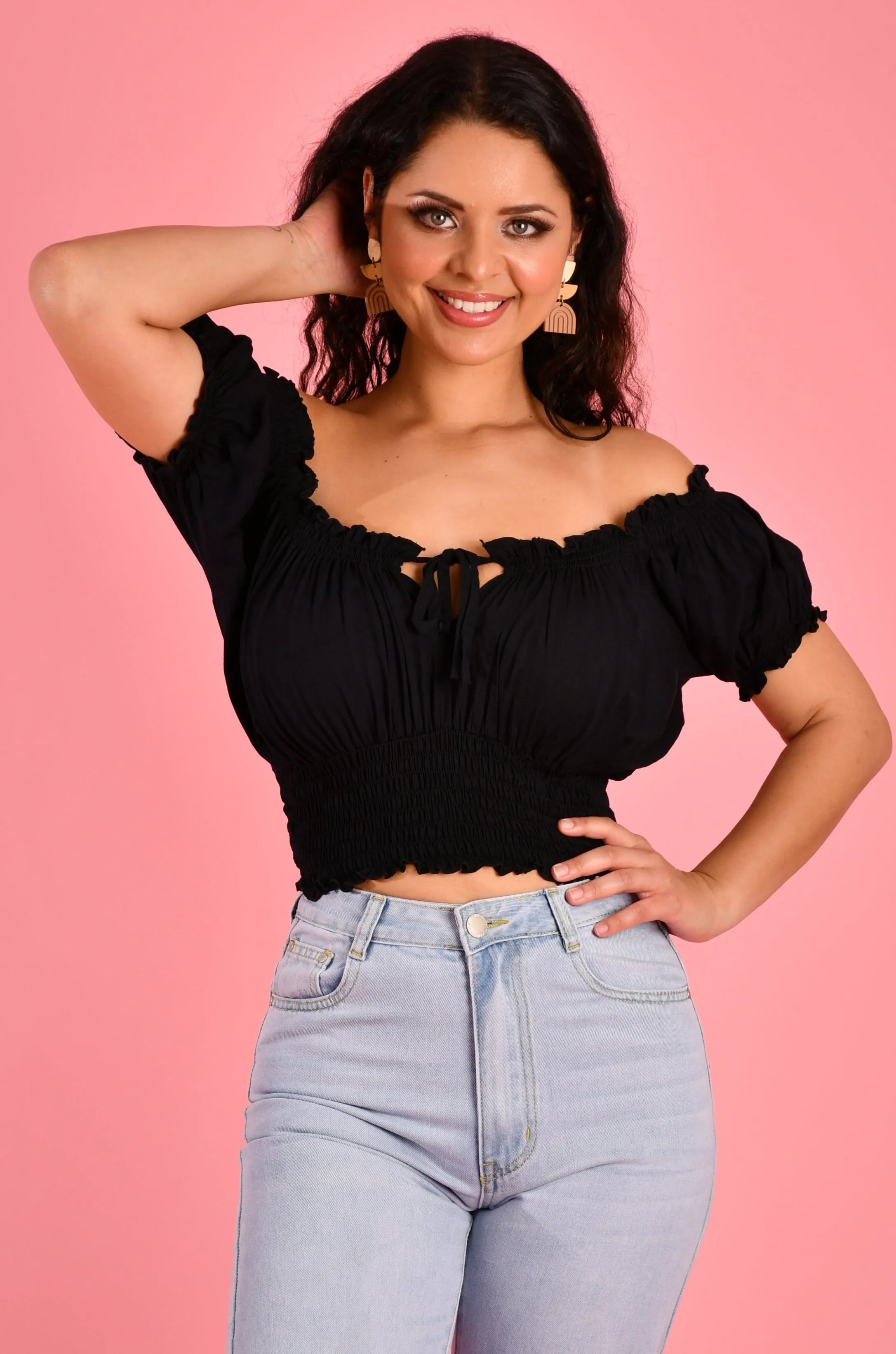 VGLT106 - PEASANT TOP WITH ROUCHED HEM - BLACK