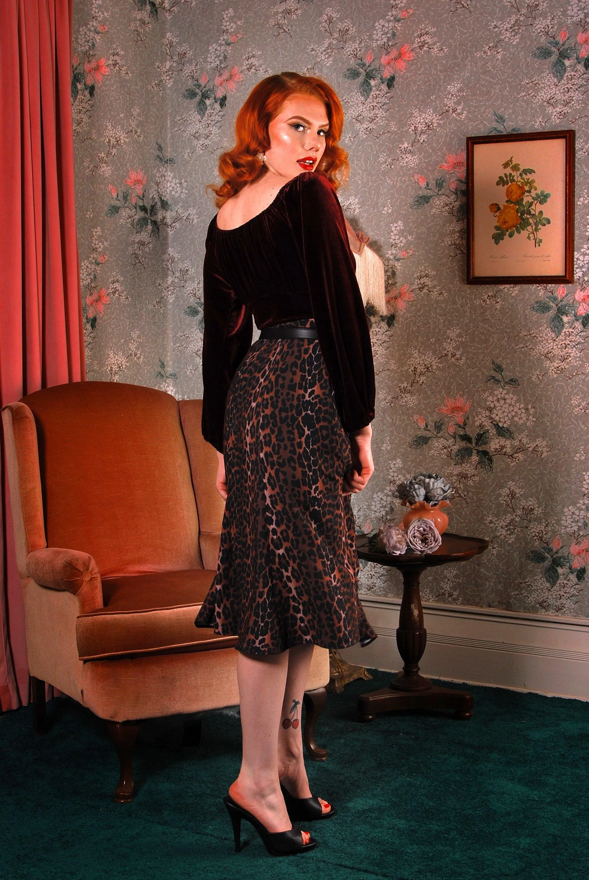Viva 40s Tulip Skirt in Vintage Leopard Print Stretch Crepe | Laura Byrnes