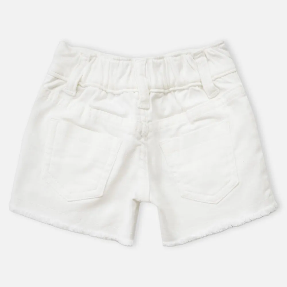 White Brooch Embellished Raw Hem Shorts
