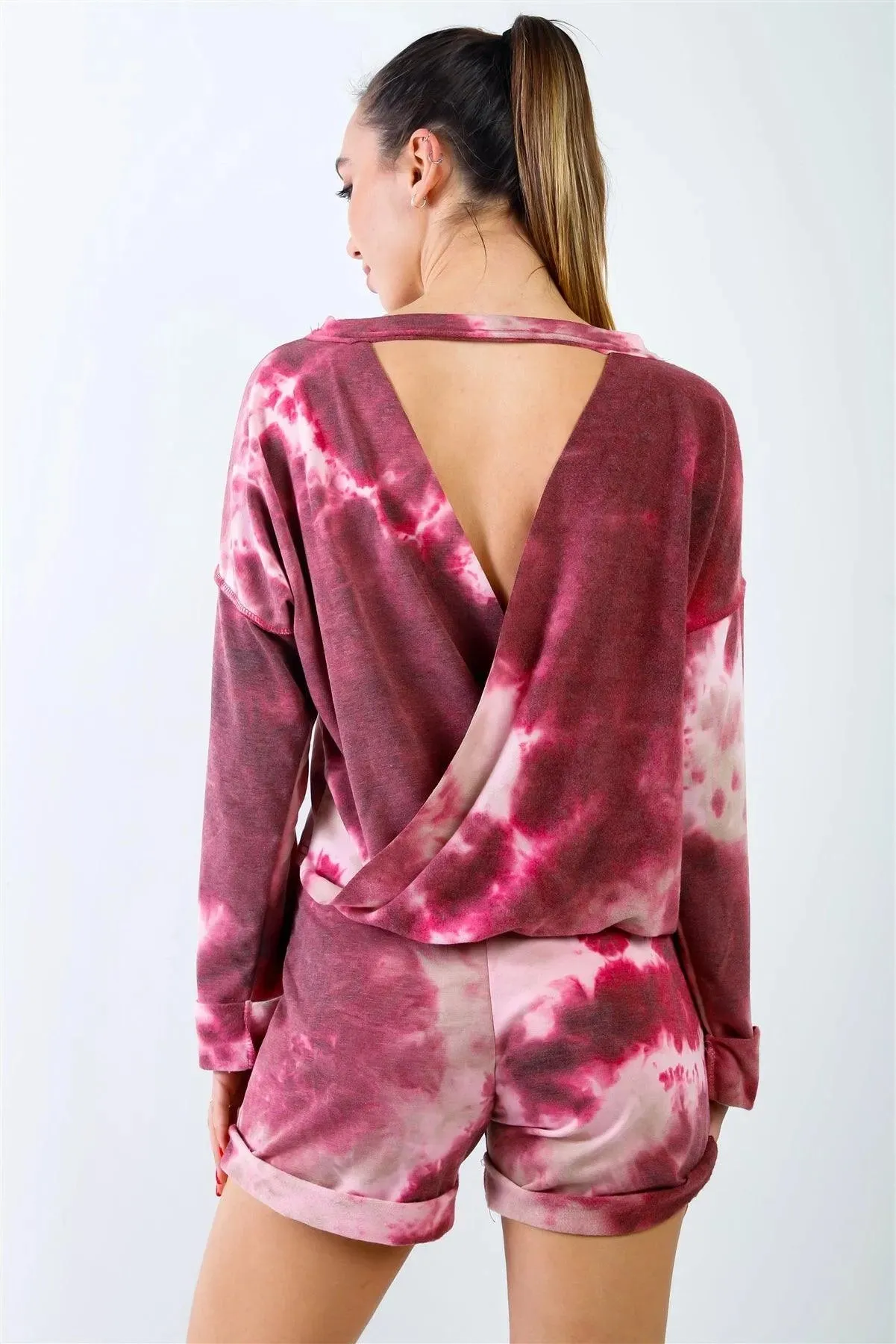 Wine & Sand Tie-Dye Inside Out Wrap Open Back Sweatshirt & High Waist Shorts Set /3-2-1