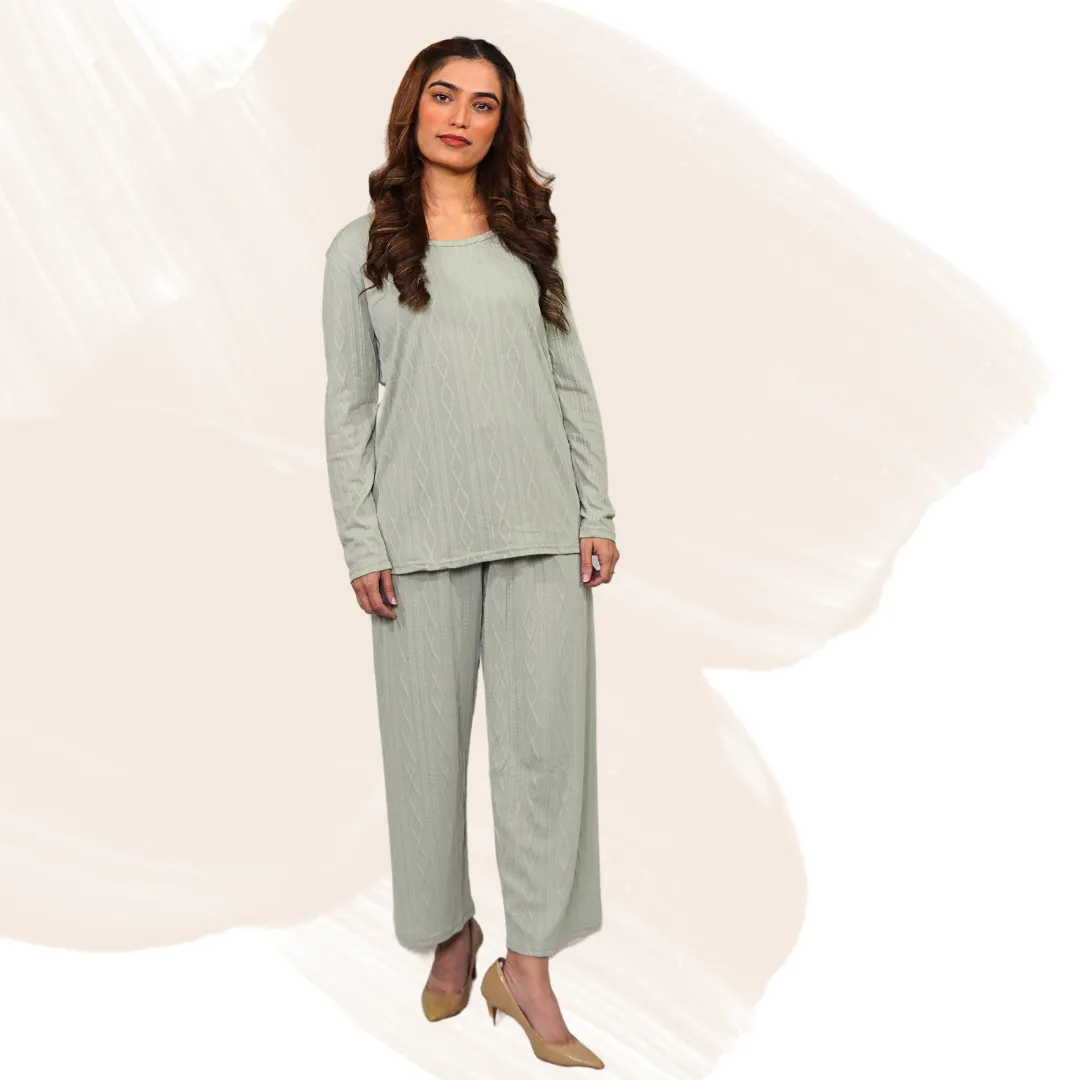Women's Cotton Blend Lounge Set – Stretchable Pants & Shirt, Knitted Texture