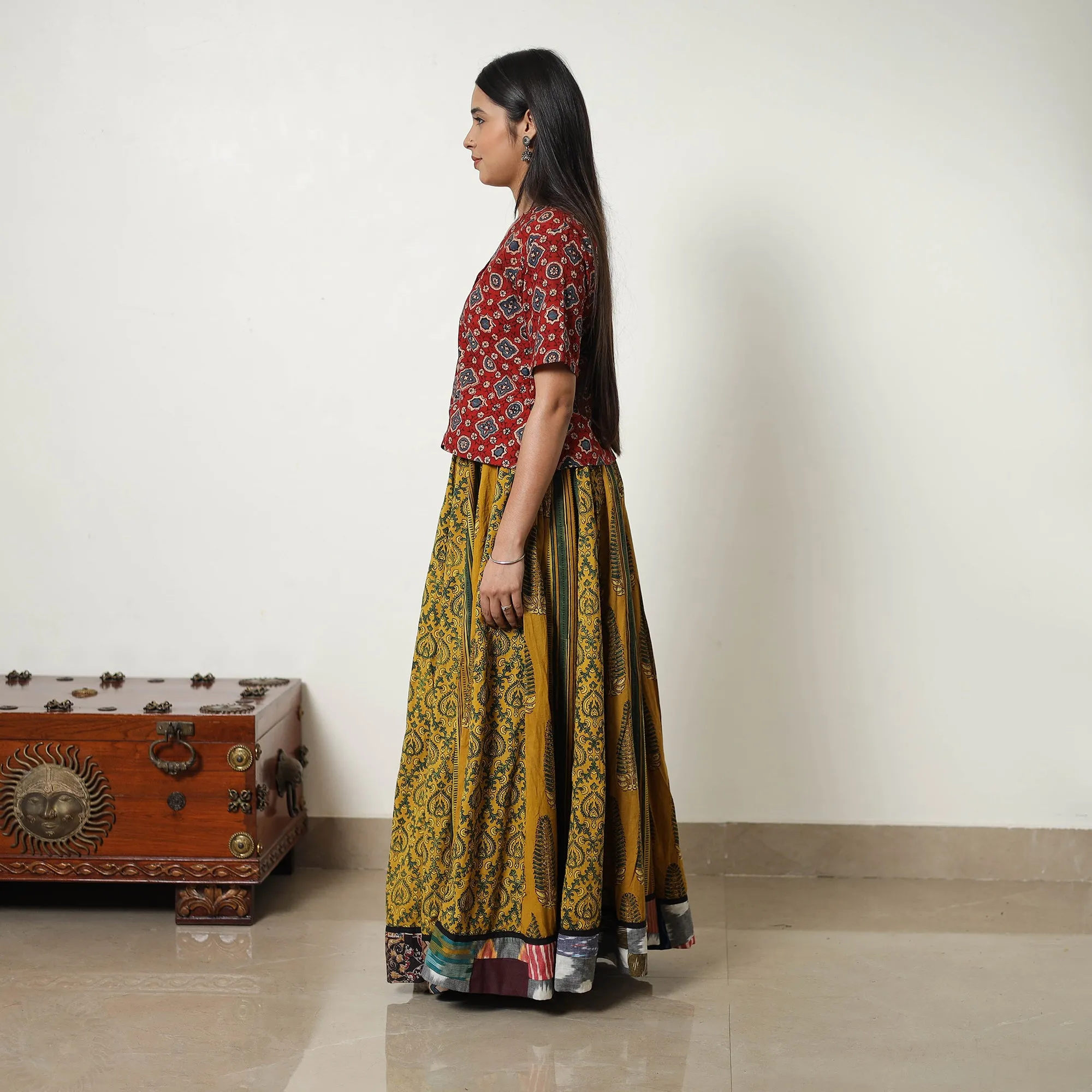 Yellow - Block Print Cotton 24 Kali Patchwork Ajrakh Long Skirt 20