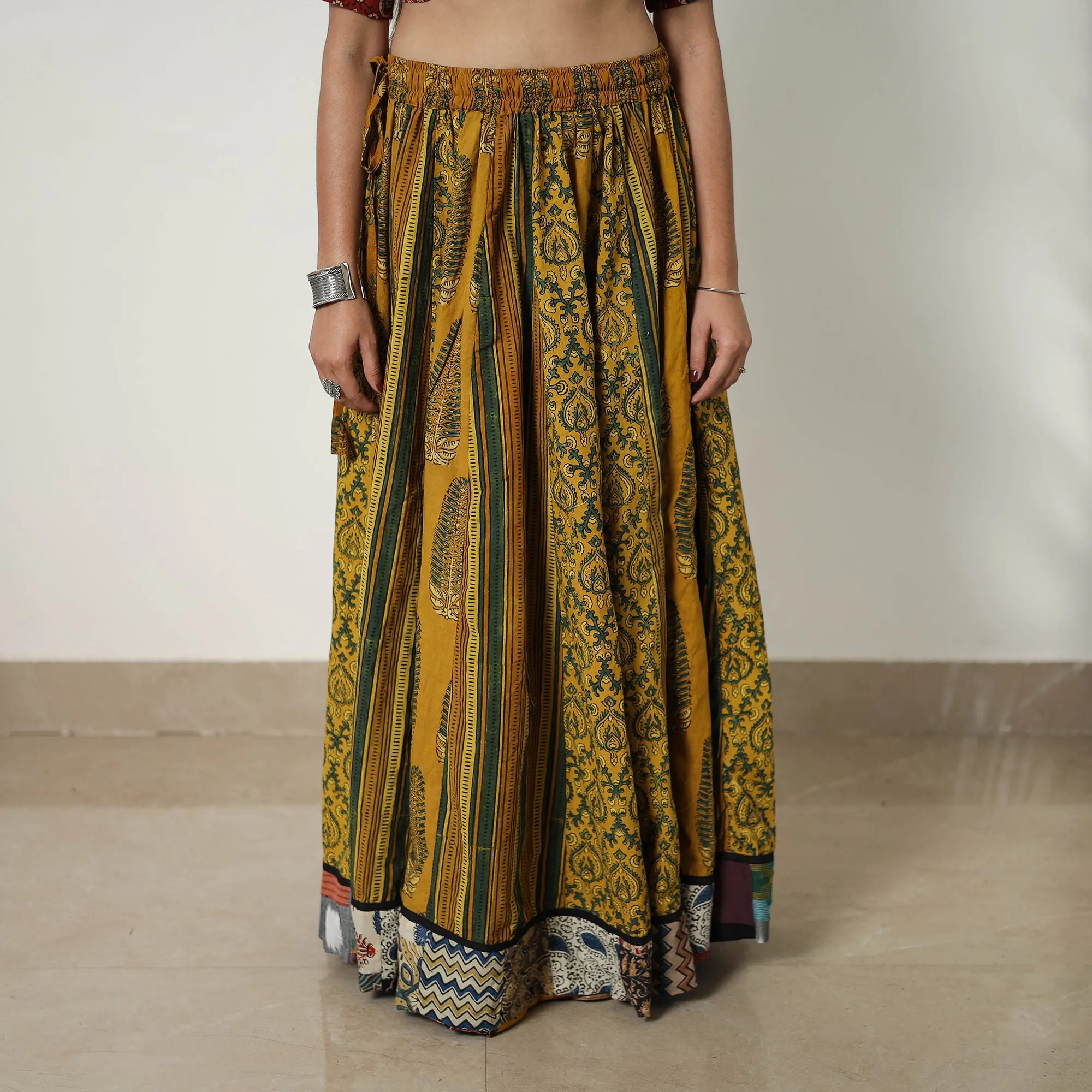 Yellow - Block Print Cotton 24 Kali Patchwork Ajrakh Long Skirt 20