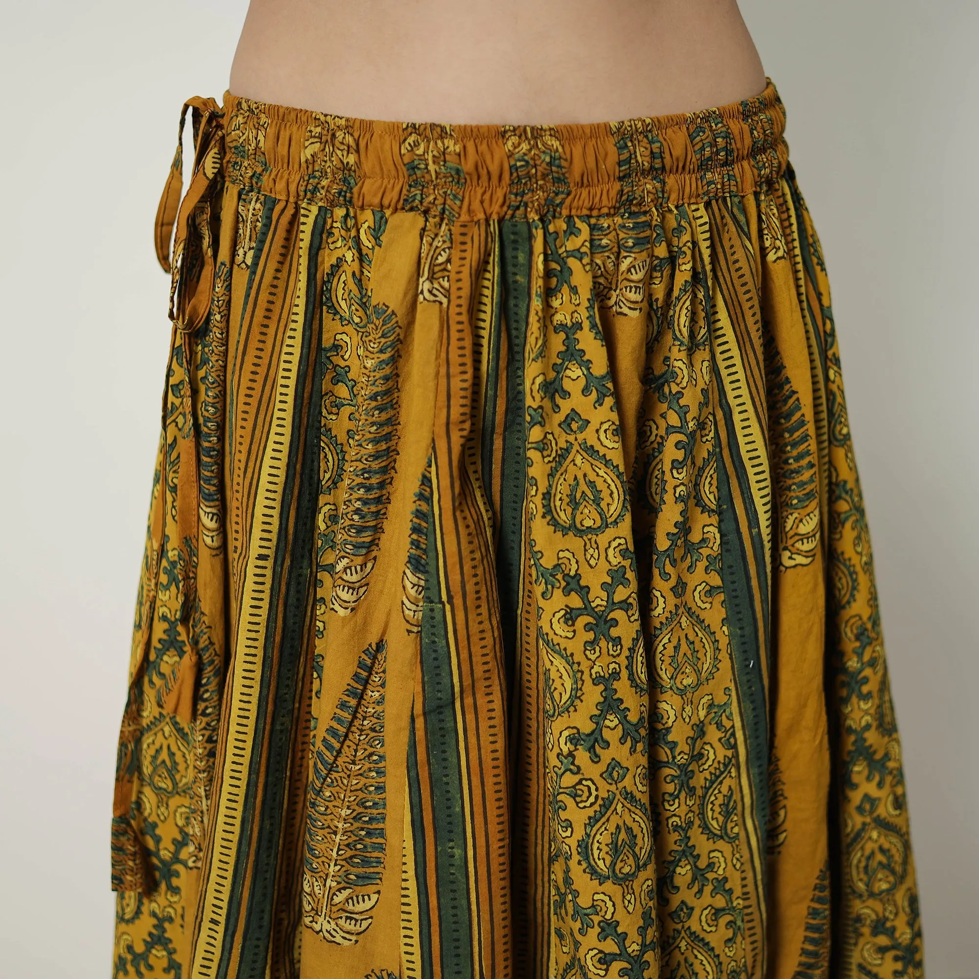 Yellow - Block Print Cotton 24 Kali Patchwork Ajrakh Long Skirt 20