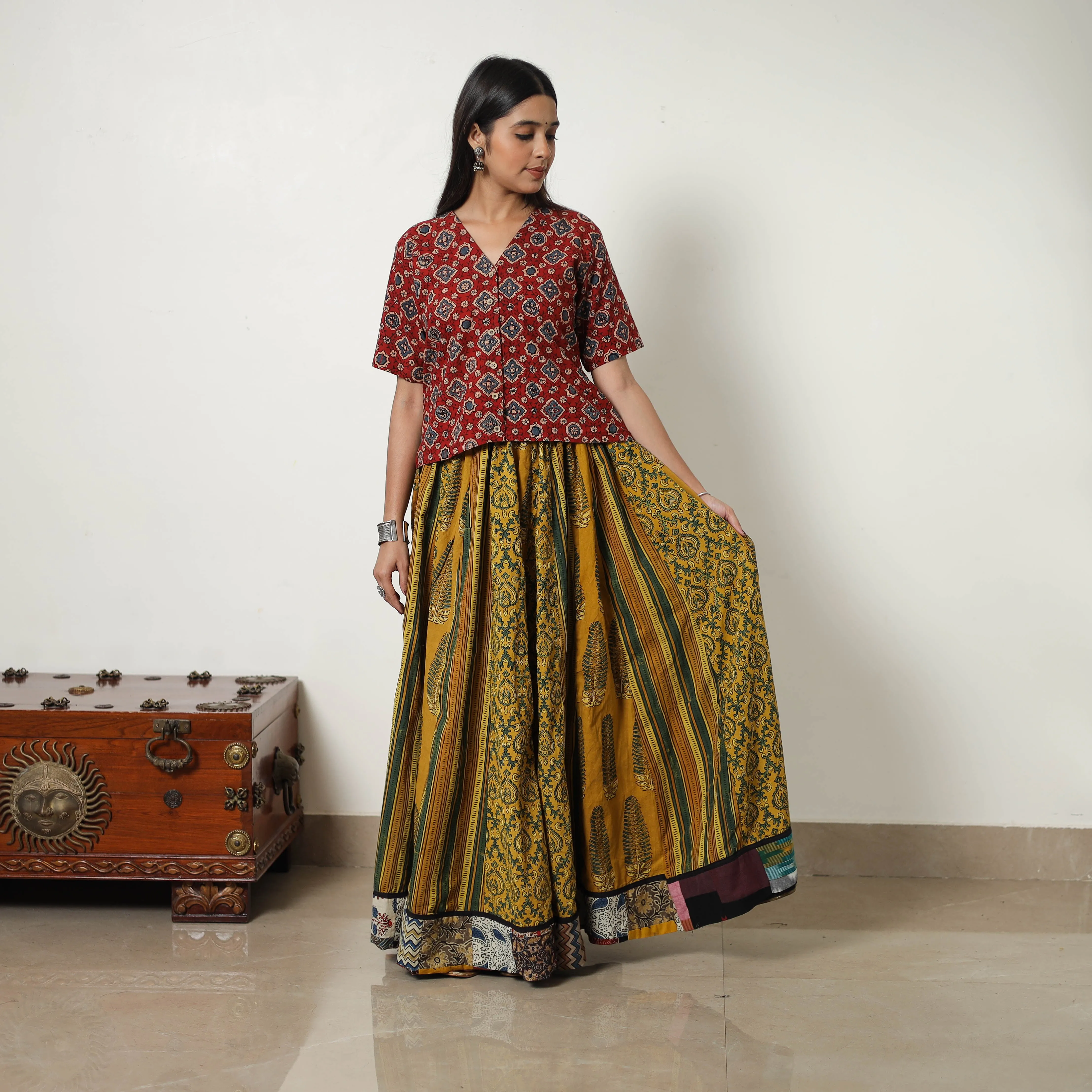 Yellow - Block Print Cotton 24 Kali Patchwork Ajrakh Long Skirt 20