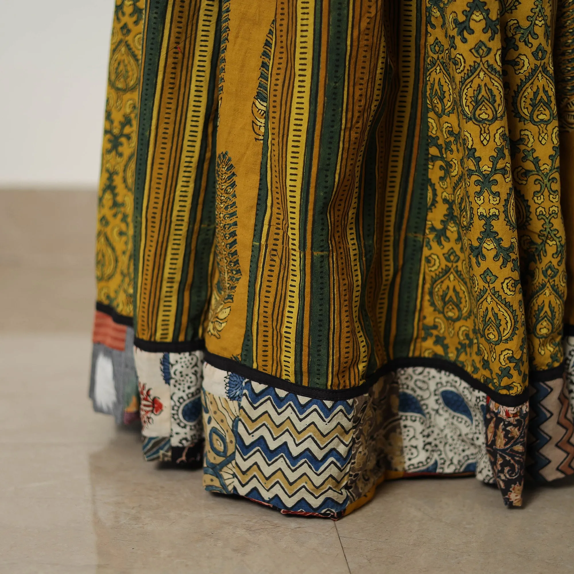 Yellow - Block Print Cotton 24 Kali Patchwork Ajrakh Long Skirt 20